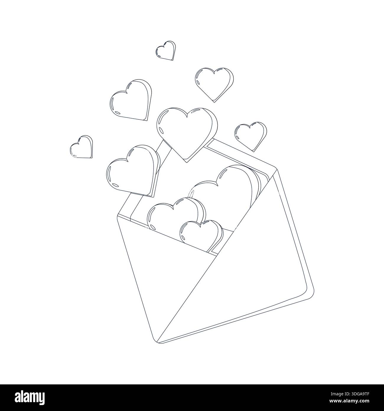 Dessin au trait noir et blanc d'une enveloppe ouverte avec des coeurs flottants. Parfait pour l'artisanat de la Saint-Valentin, les pages à colorier et les designs à thème romantique Banque D'Images