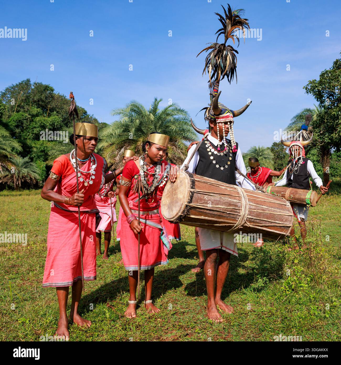 Les gens de la tribu Bison-Horn Maria interprétant une danse folklorique traditionnelle, Chhattisgarh, Inde Banque D'Images