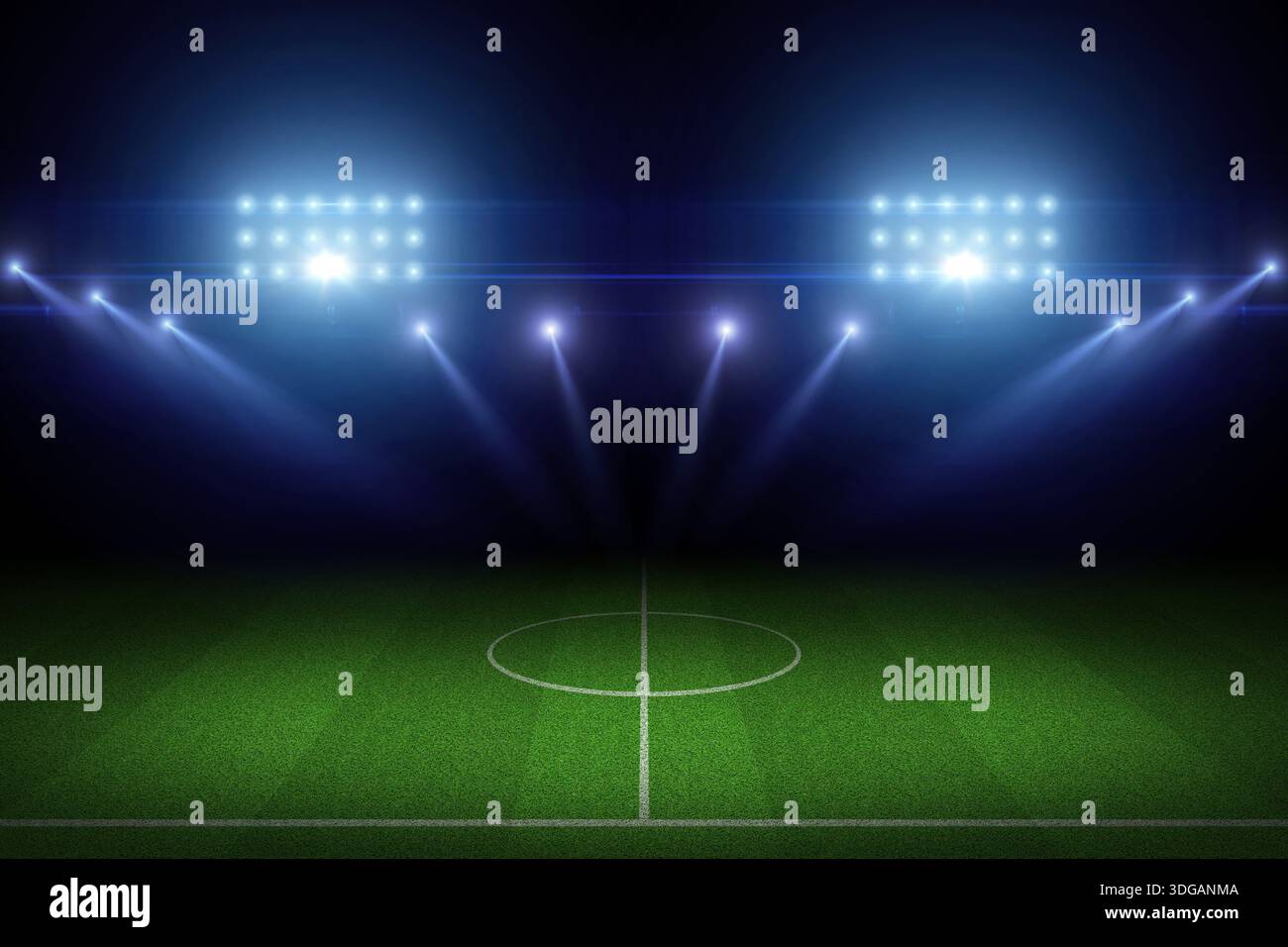 Stade de sport avec un terrain d'herbe verte brille et les projecteurs. Stade de football vide avec projecteurs et tribune de fans. Tournoi de football, champion du monde Banque D'Images