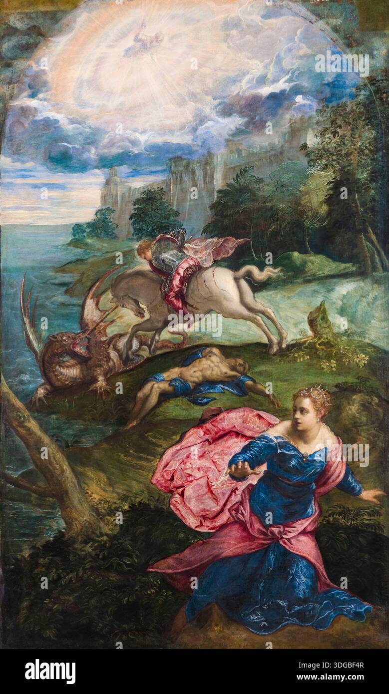 Jacopo Robusti appelé Tintoret, Saint Georges et le Dragon, peinture à l'huile sur toile, vers 1555 Banque D'Images