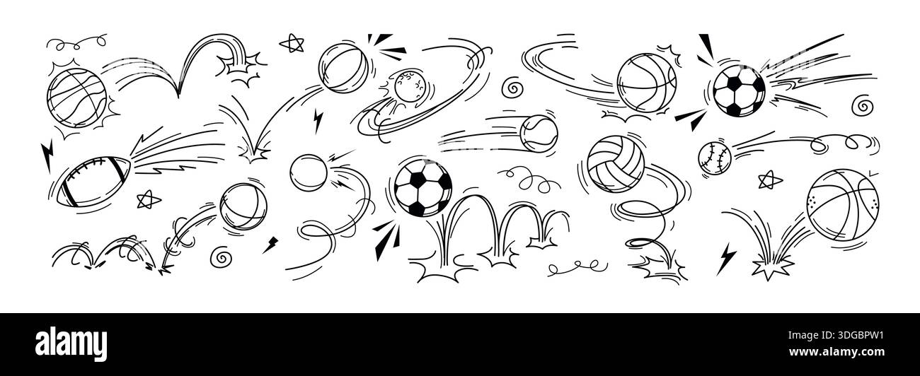 Illustration vectorielle de doodle de balle de sport avec des effets de mouvement et de ligne de rebond. Icônes dessinées à la main de football, football, basket-ball, rugby, volley-ball et baseball avec mouvement de vol et trajectoire de saut Illustration de Vecteur
