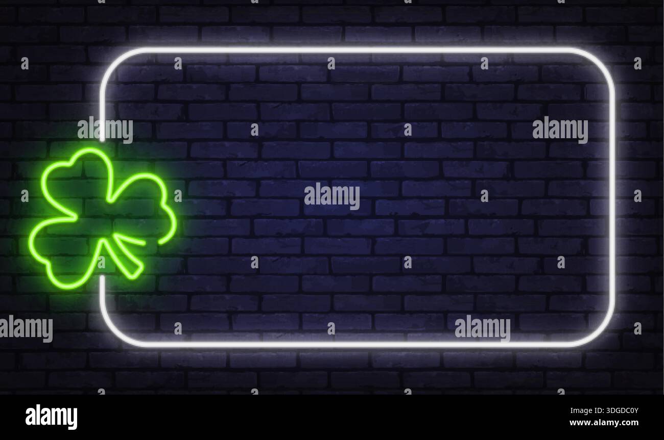 Cadre néon avec symbole de trèfle vert, conçu pour les thèmes de chance et les visuels de casino. Une lumière douce ajoute une ambiance positive et ludique. Illustration de Vecteur