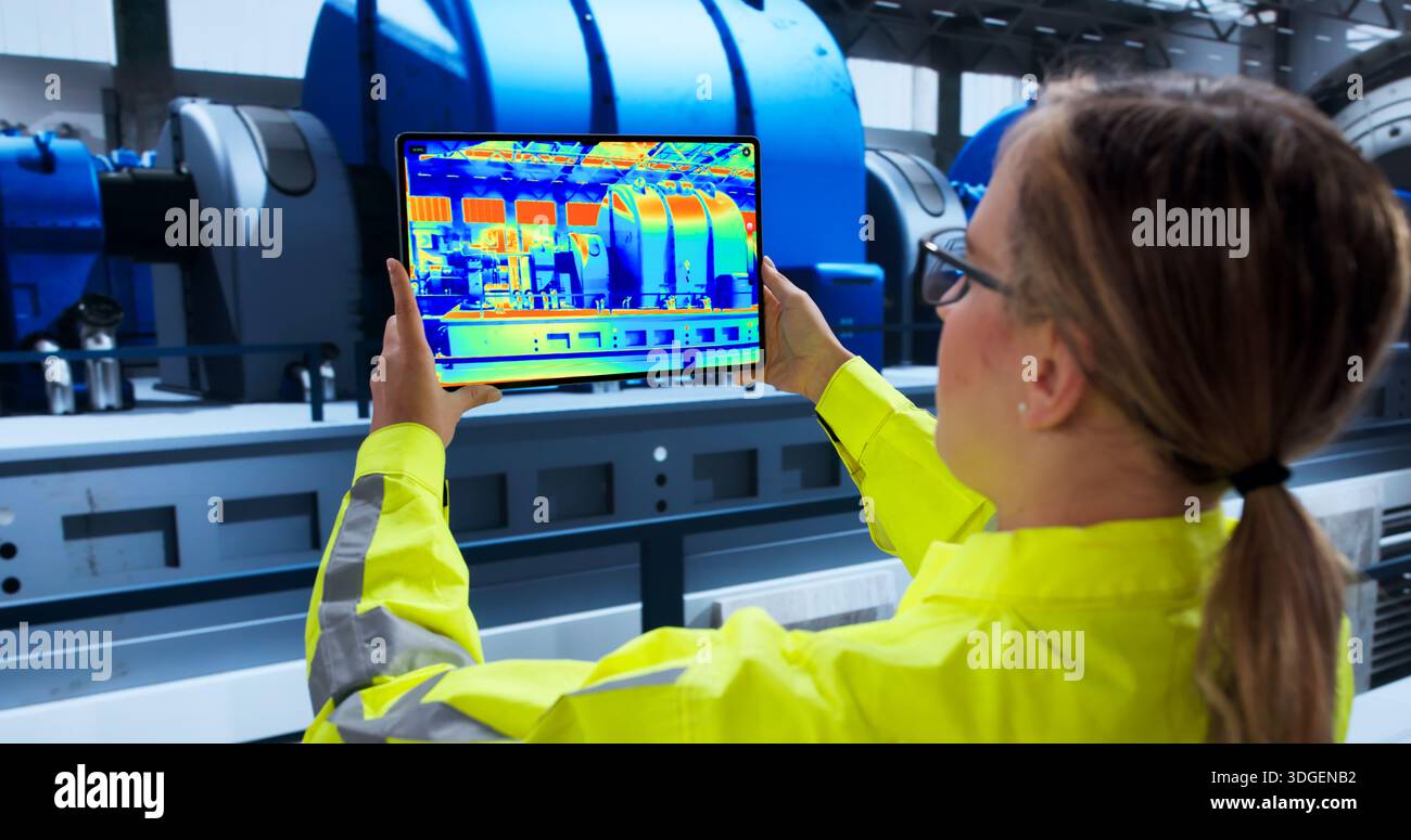 Ingénieur menant l'inspection de caméras thermiques dans une centrale électrique pour plus d'efficacité. Banque D'Images