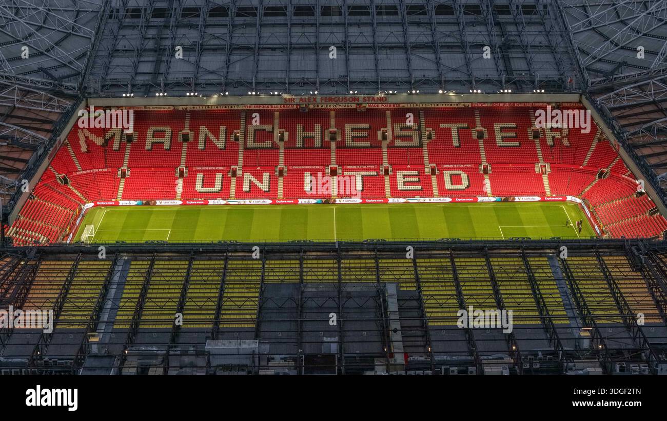 Manchester, Royaume-Uni. 17 janvier 2026. Vue aérienne d'Old Trafford lors du match de premier League Manchester United vs Manchester City à Old Trafford, Manchester, Royaume-Uni, le 17 janvier 2026 (photo Mark Cosgrove/News images) à Manchester, Royaume-Uni, le 17/01/2026. (Photo de Mark Cosgrove/News images/SIPA USA) crédit : SIPA USA/Alamy Live News Banque D'Images