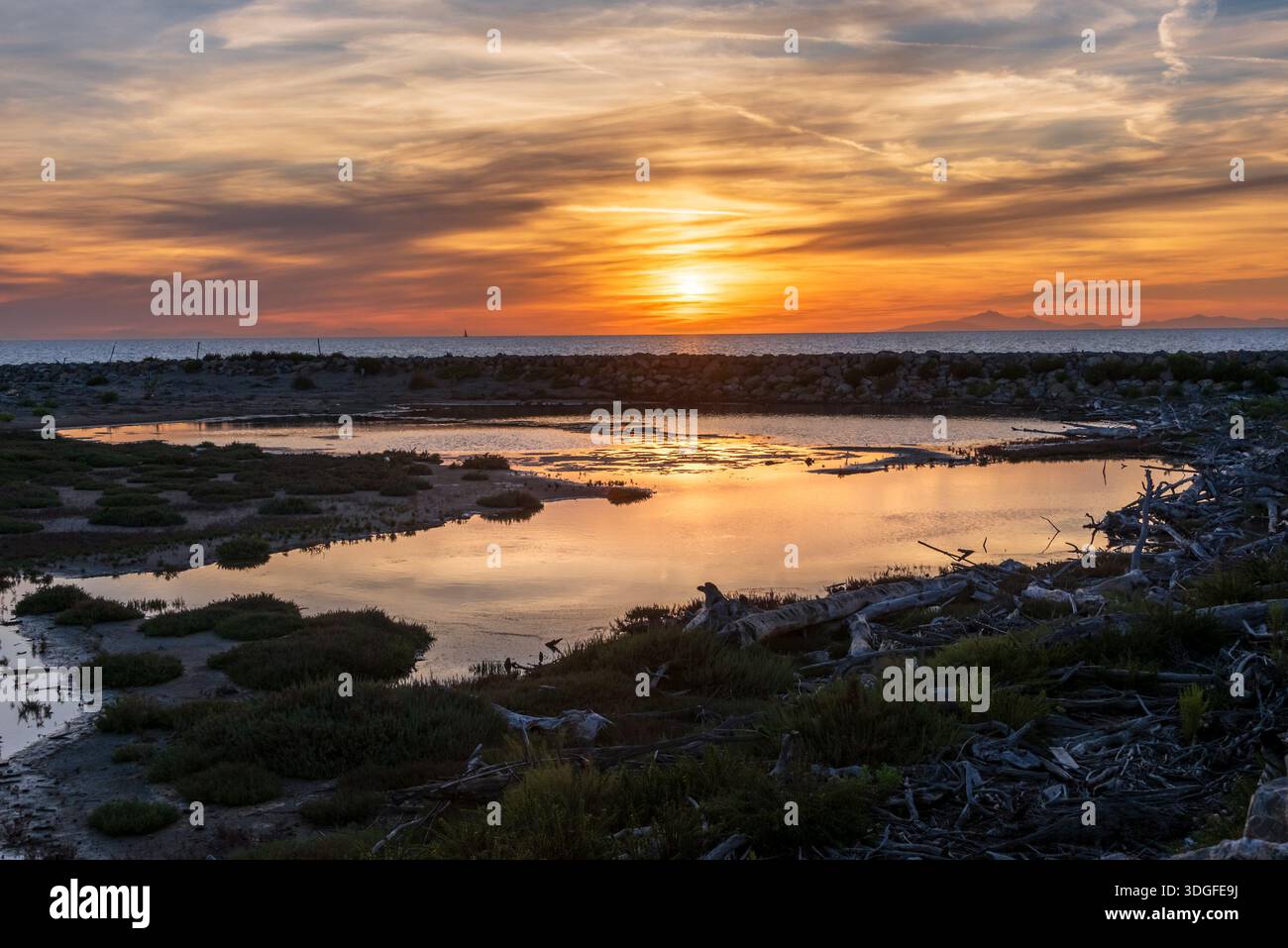 Un petit lac au coucher du soleil dans la région de Bocca d'Ombrone avec l'île d'Elbe au loin Banque D'Images