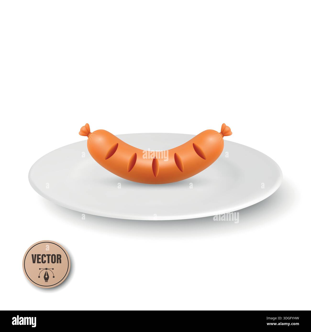 Vecteur 3d saucisse sur l'icône de plaque, isolé. Symbole saucisse. Illustration de repas de collation de saucisse. Frankfurter cuit sur plat blanc. Minimal Illustration de Vecteur