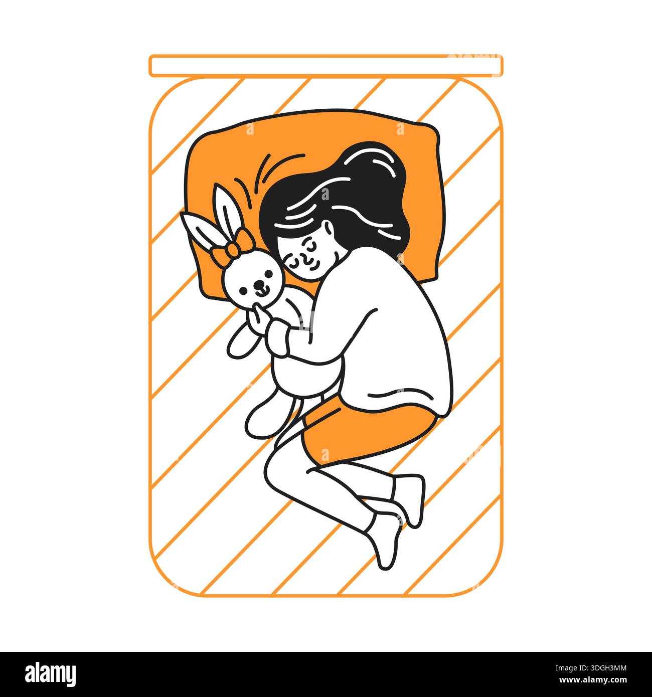L'illustration représente une fille dormant sur le côté serrant un lapin en peluche. Elle est allongée sur un oreiller orange et un ensemble de couverture, créant un s chaud et réconfortant Illustration de Vecteur