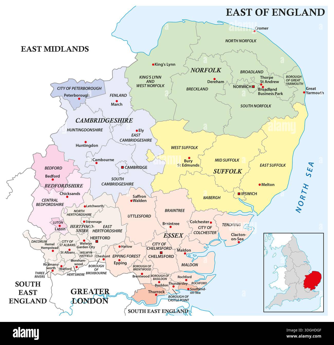 Carte administrative de la région anglaise de l'est de l'Angleterre Banque D'Images