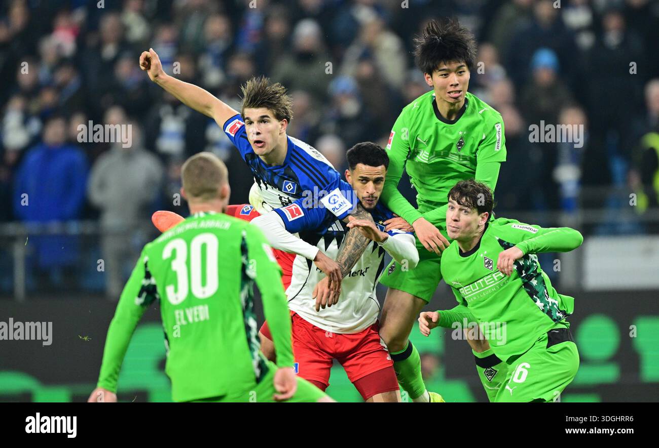 De gauche à droite : Luka Vuskovic, Robert Glatzel (HSV Hamburg), Philipp Sander, Kota Takai Hamburg, 17 janvier 2026, football, Bundesliga [Bundesliga], HSV Hamburg Hamburg - Borussia Borussia Monchengladbach Banque D'Images