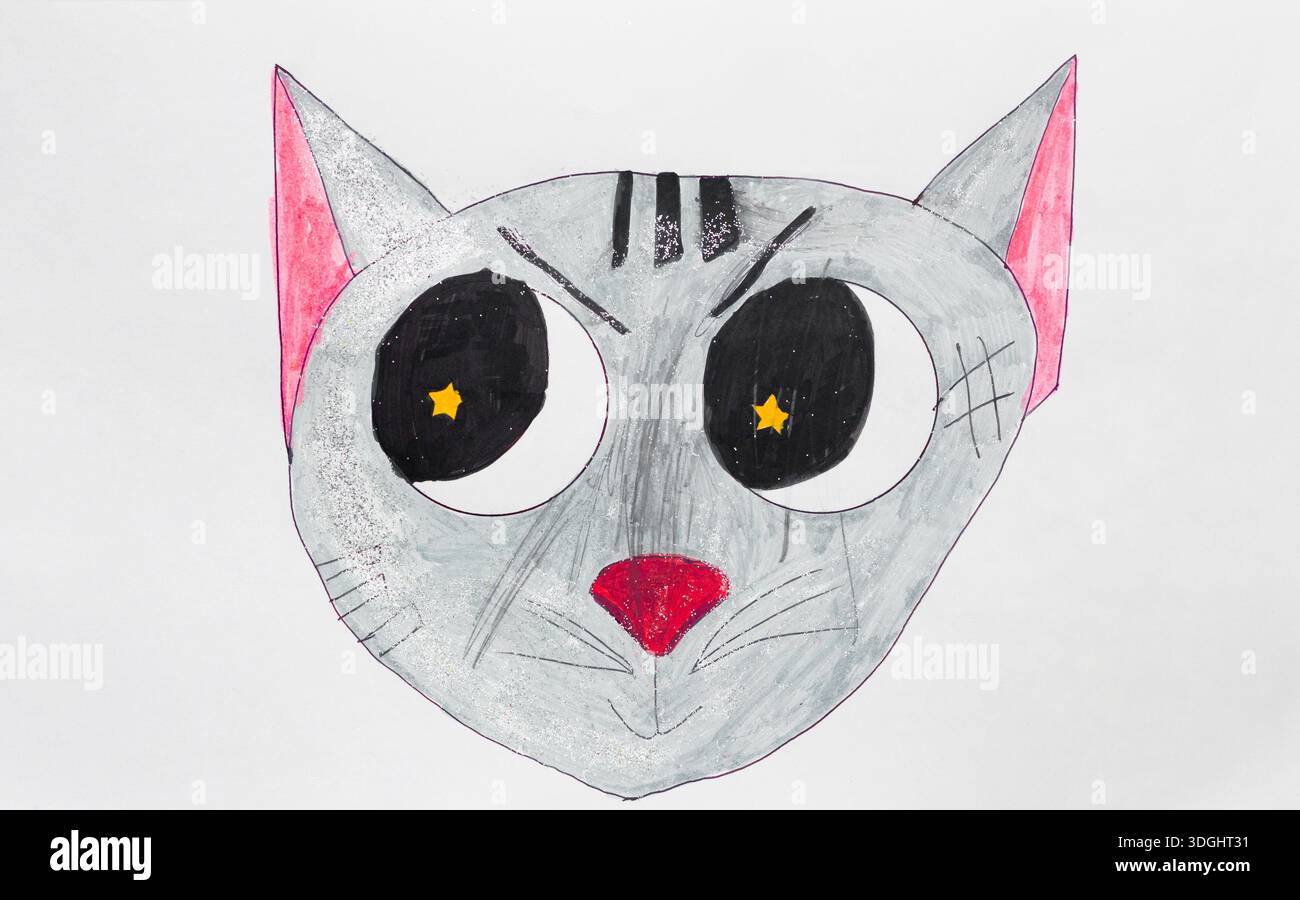 Visage de chat fantaisiste dessiné à la main avec les yeux étoilés Banque D'Images