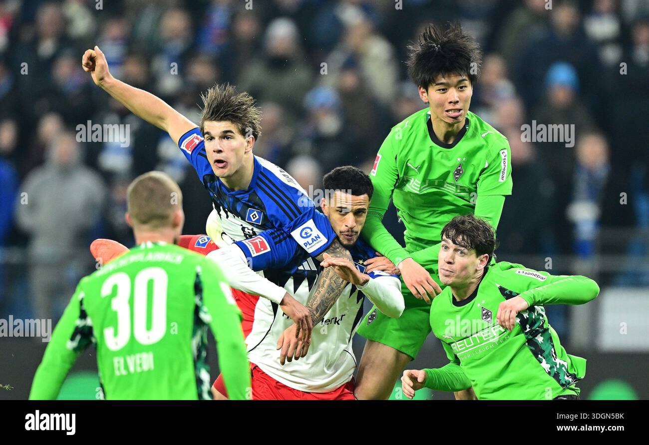 De gauche à droite Luka Vuskovic, Robert Glatzel (HSV Hamburg), Kota Takai, Philipp Sander Hamburg, 17 janvier 2026, football, Bundesliga [Bundesliga], HSV Hambourg - Borussia Borussia Monchengladbach Banque D'Images