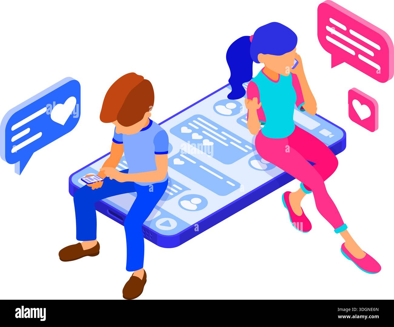 isométrique guy et fille chat dans les réseaux sociaux envoyer des messages photo selfie appel à l'aide de smartphone. Rencontres en ligne amour amitié relations virtuelles. Illustration de Vecteur
