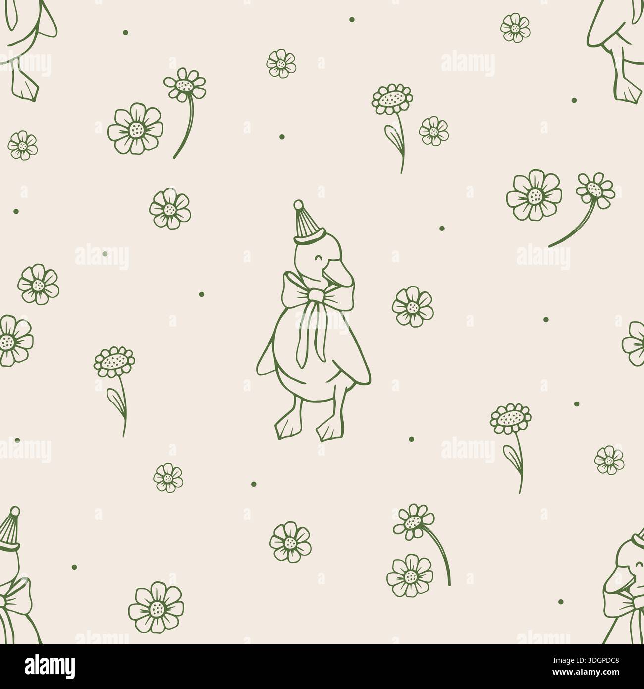 Joli motif floral fantaisiste sans couture avec fleurs et oie. Imprimé printemps été BCBG Illustration de Vecteur