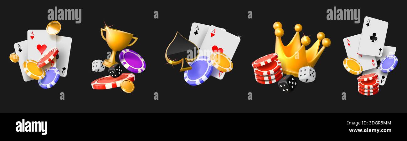 Icônes du Casino. carte à puce de poker 3d, trophée de pari ou de blackjack, couronne de jeu de fortune en or et prix gagnant, cubes et jeton. Flying ui Texas Cup and coins, tournoi d'argent. Ensemble de jeu isolé de logo vectoriel Illustration de Vecteur
