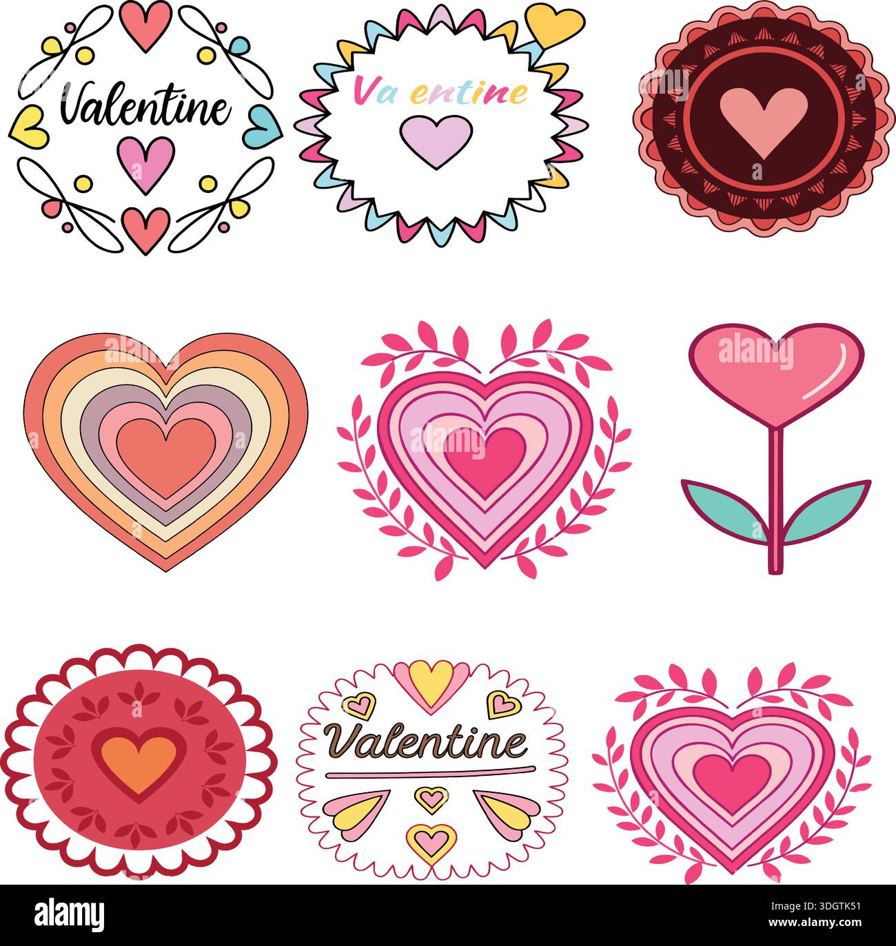 Icônes de coeur de Saint-Valentin, symboles d'amour colorés, graphiques romantiques, décoration festive de Saint-Valentin, formes de coeur Illustration de Vecteur