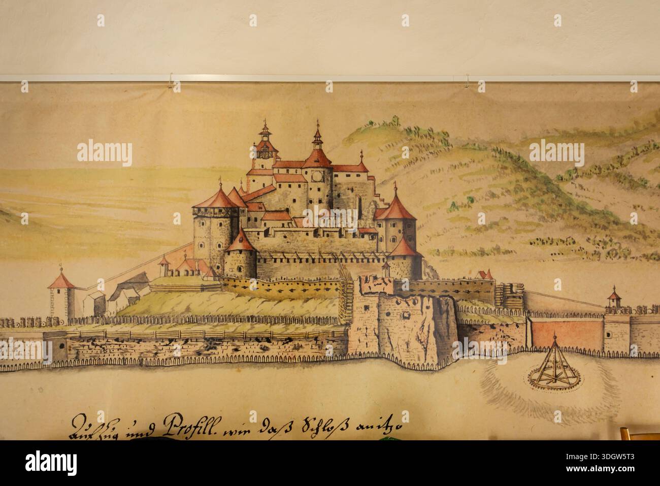 Illustration historique représentant le château de Filakovo en Slovaquie avec le paysage environnant Banque D'Images