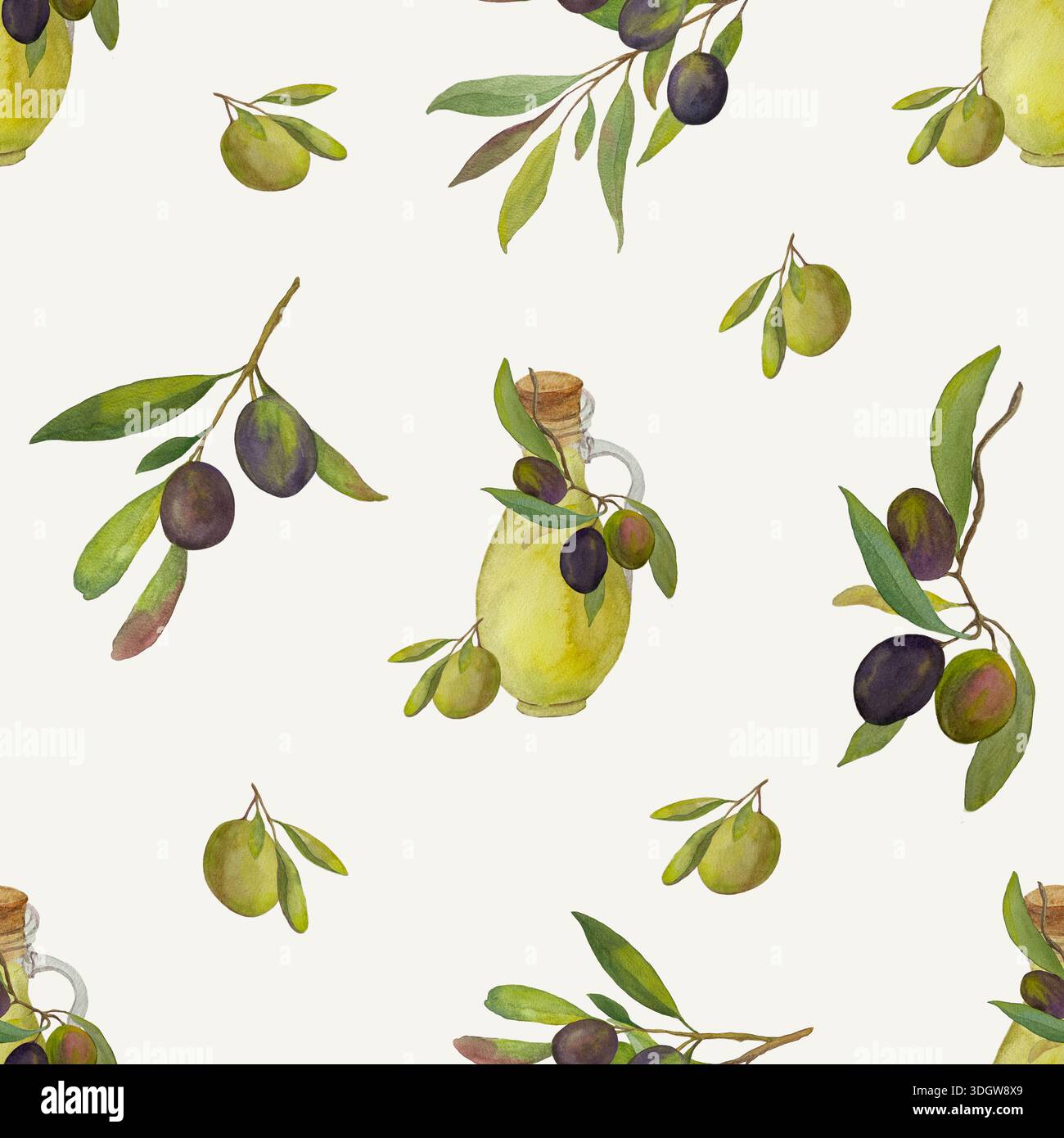 Motif aquarelle sans couture avec branches d'olivier avec olives vertes et noires et une bouteille en verre. Illustration botanique peinte à la main dans un naturel Banque D'Images