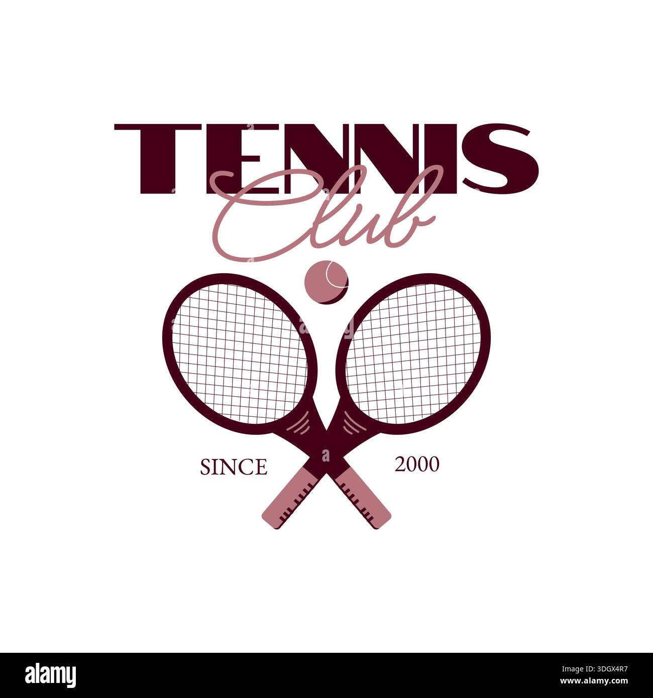 Logo pour club de tennis. Mots TENNIS Club avec balle de tennis et deux raquettes de tennis croisées dans les couleurs rose, blanc et marron. Illustration de Vecteur