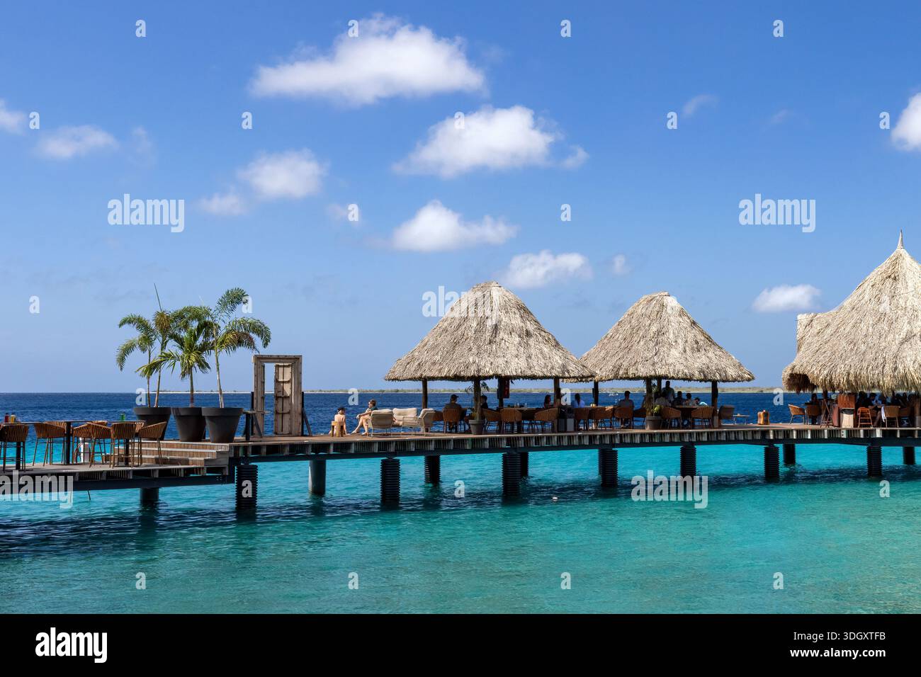 Tiki hutte bar avec vue sur la côte tropicale près de Kralendijk, capitale et port principal de Bonaire dans les Caraïbes pays-Bas Banque D'Images