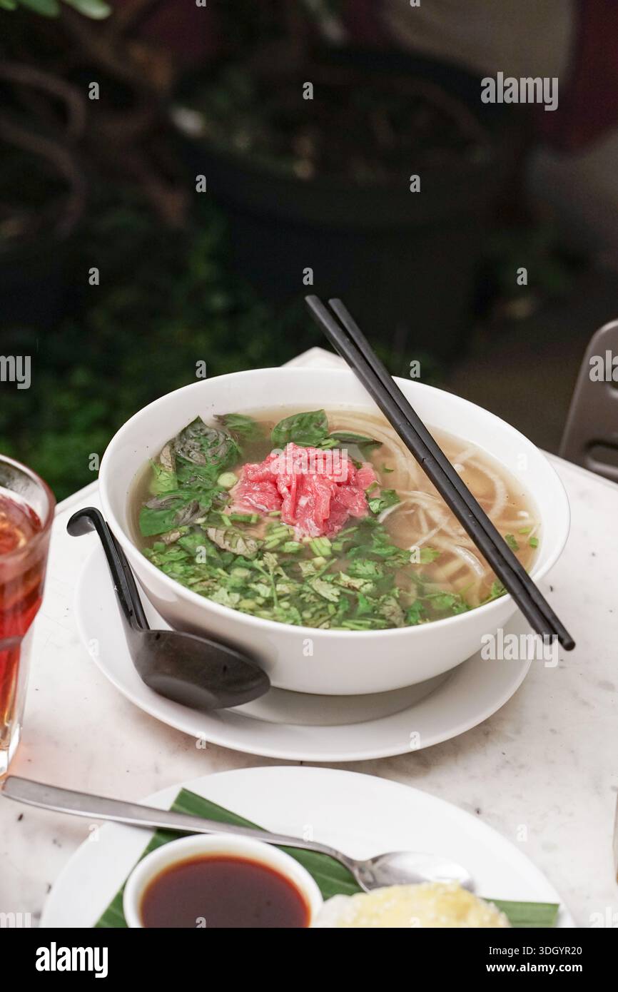 Un délicieux bol de soupe traditionnelle vietnamienne aux nouilles pho est magnifiquement présenté sur une table blanche. Il présente du bœuf rare tendre, des herbes vertes fraîches, Banque D'Images