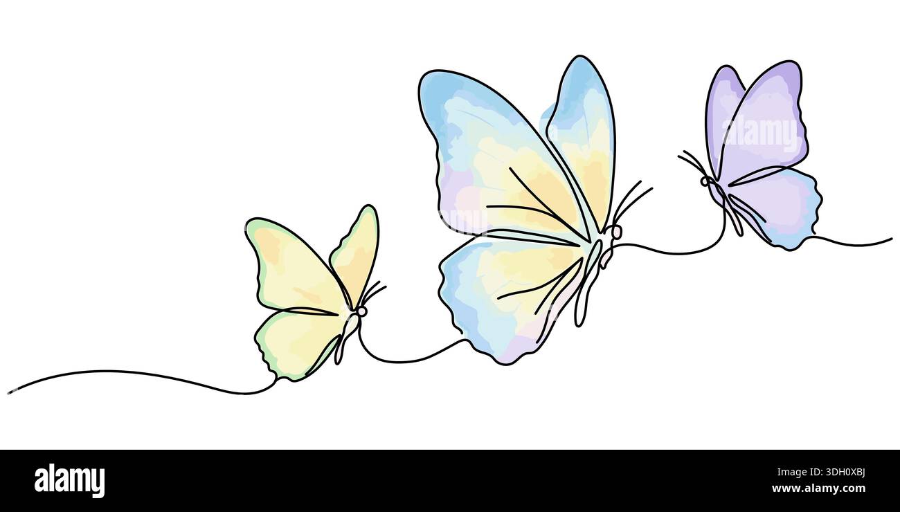Dessin à la main en ligne continue papillon pastel coloré. Style linéaire simple de papillon volant isolé sur fond blanc. Contour modifiable. Illustration de Vecteur