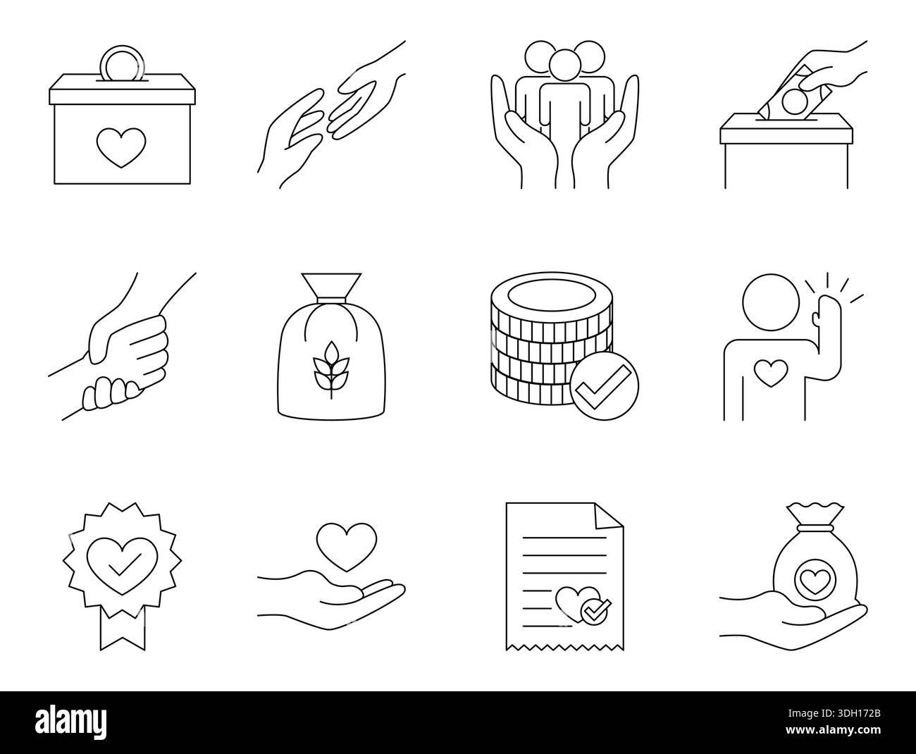 Présentez les icônes représentant l'aide humanitaire mondiale, le soutien communautaire bénévole, les dons, le travail caritatif et les services de protection sociale Illustration de Vecteur