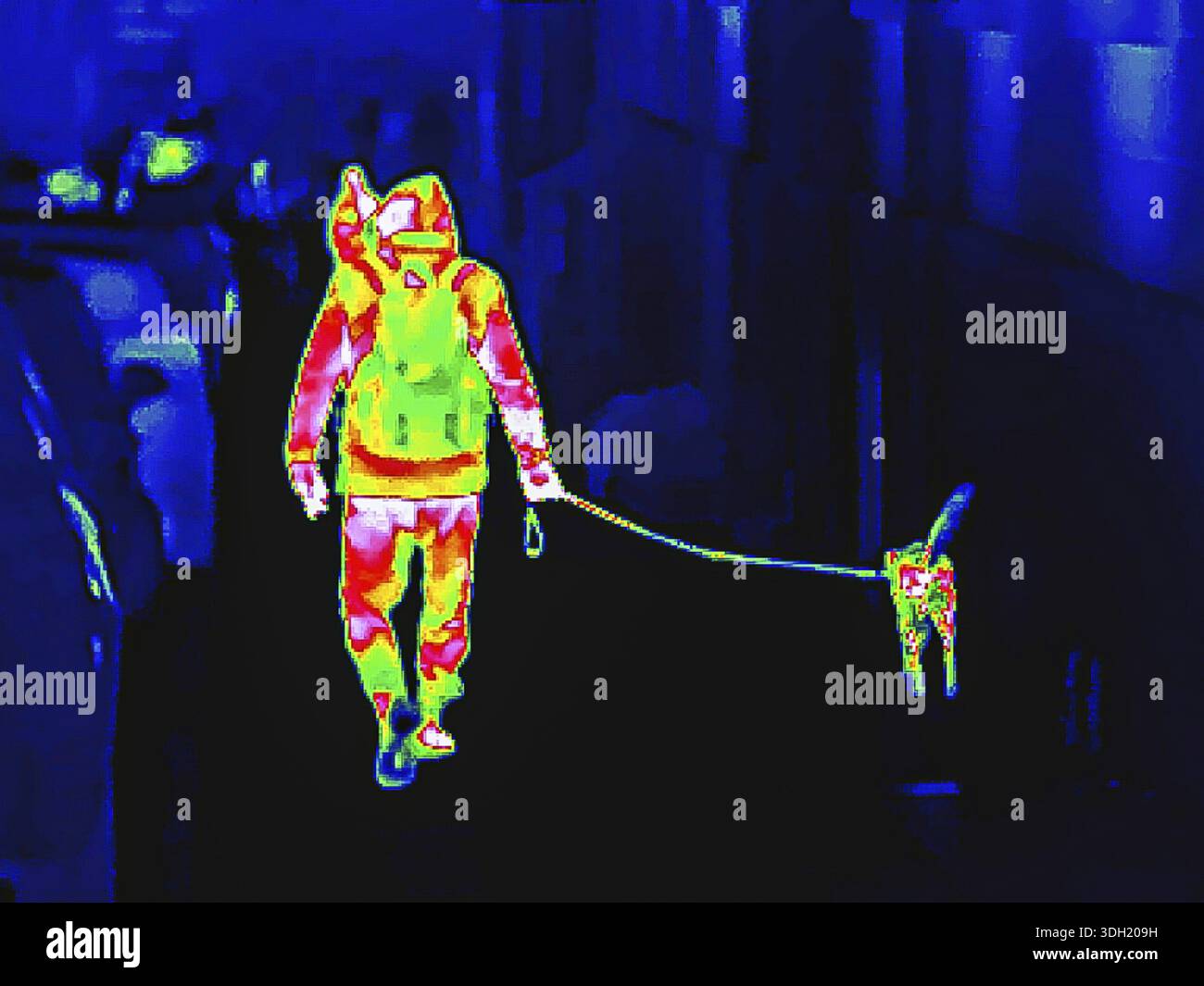 Image thermique ou thermographie, photo symbolique, interpolée. Les personnes voyageant avec des chiens dans les zones urbaines. Stuttgart, Bade-Wuerttemberg, Allemagne Banque D'Images
