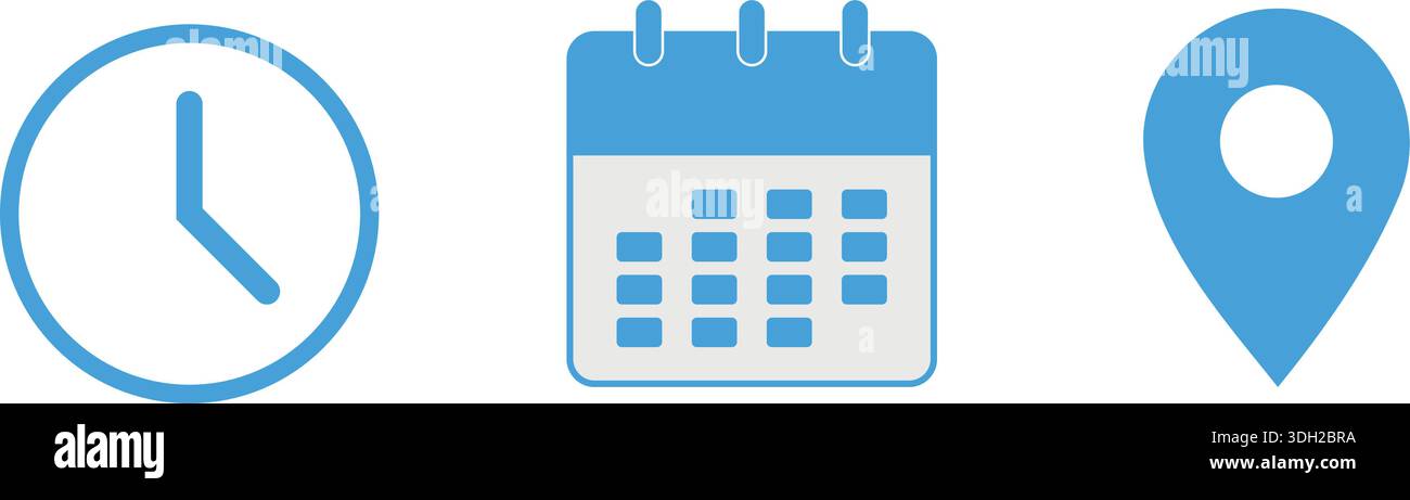 Jeu d'icônes de navigation de l'interface – symboles minimalistes d'horloge, de calendrier et de carte en noir et blanc pour la planification des rendez-vous et des affaires Illustration de Vecteur