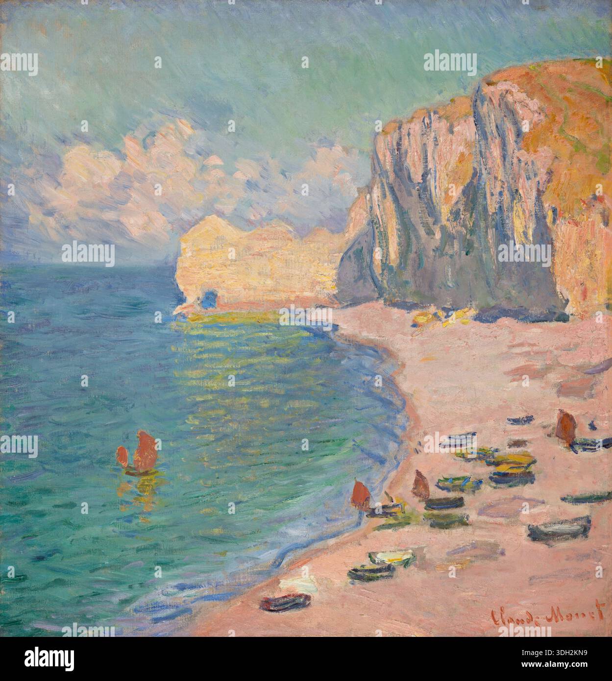Étretat : la plage et la falaise d'amont de Claude Monet, 1885, bateaux de pêche échoués et falaises calcaires spectaculaires surplombant la côte normande Banque D'Images