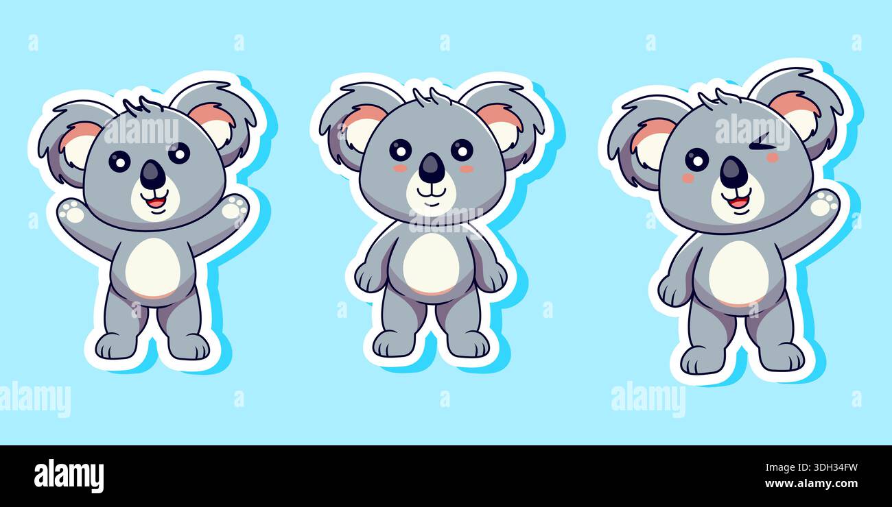 Cute Cartoon Koala Bear Characters Standing Sticker Set illustration vectorielle Illustration de Vecteur