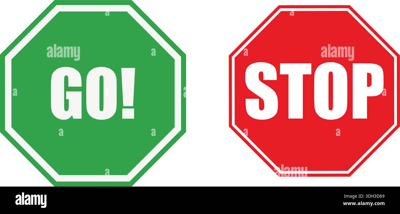 Deux signes octogonaux, un vert avec 'GO !' Et un rouge avec "STOP", sur fond blanc. Illustration de Vecteur