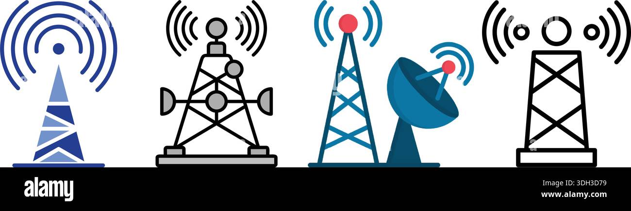 Collection de tours de communication stylisées et d'icônes d'antenne parabolique transmettant des signaux. Illustration de Vecteur