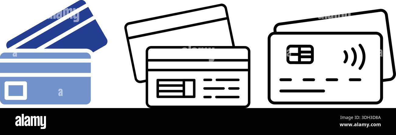 Icônes de cartes de crédit et de débit, y compris symbole de paiement sans contact. Illustration de Vecteur