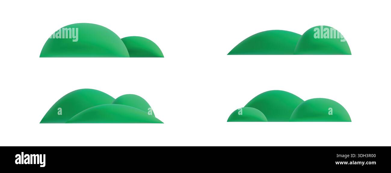 Ensemble de montagnes vertes 3D et collines. Icônes de paysage extérieur vert de dessin animé mignon isolé sur fond blanc Illustration de Vecteur