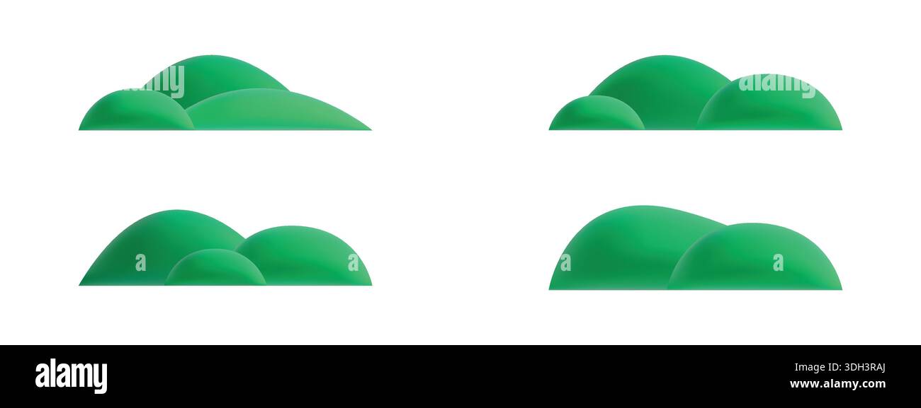 Ensemble de collines d'herbe 3D. Jolies montagnes vertes de dessin animé isolées sur fond blanc Illustration de Vecteur