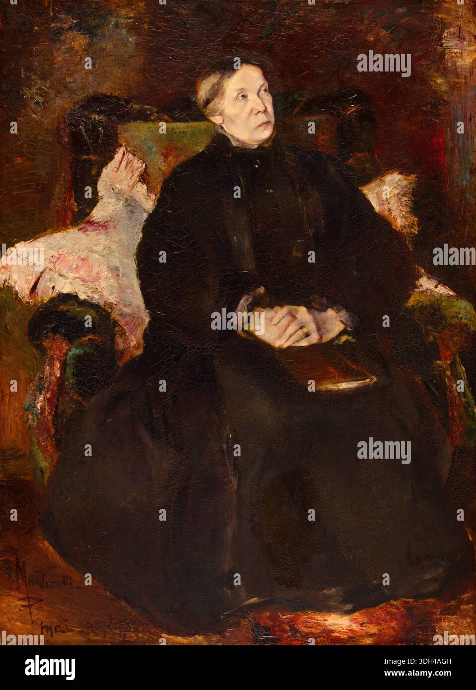 Portrait d'une dame par Adolphe Joseph Thomas Monticelli, 1870-79, une femme en robe sombre assise avec un regard contemplatif vers le haut, les mains pâles pliées, drapé de tissu rose visible à côté d'elle Banque D'Images