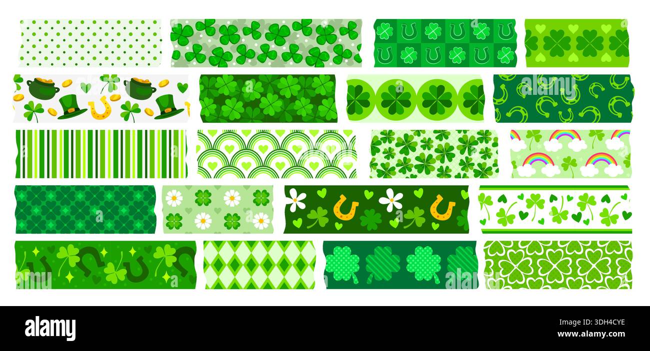 Ruban washi irlandais pour les vacances St Patrick, morceaux adhésifs verts avec des trèfles, rubans vectoriels. Ruban washi St Patrick avec motif de chapeau de leprechaun, trèfles de trèfle et fer à cheval doré avec des coeurs Illustration de Vecteur