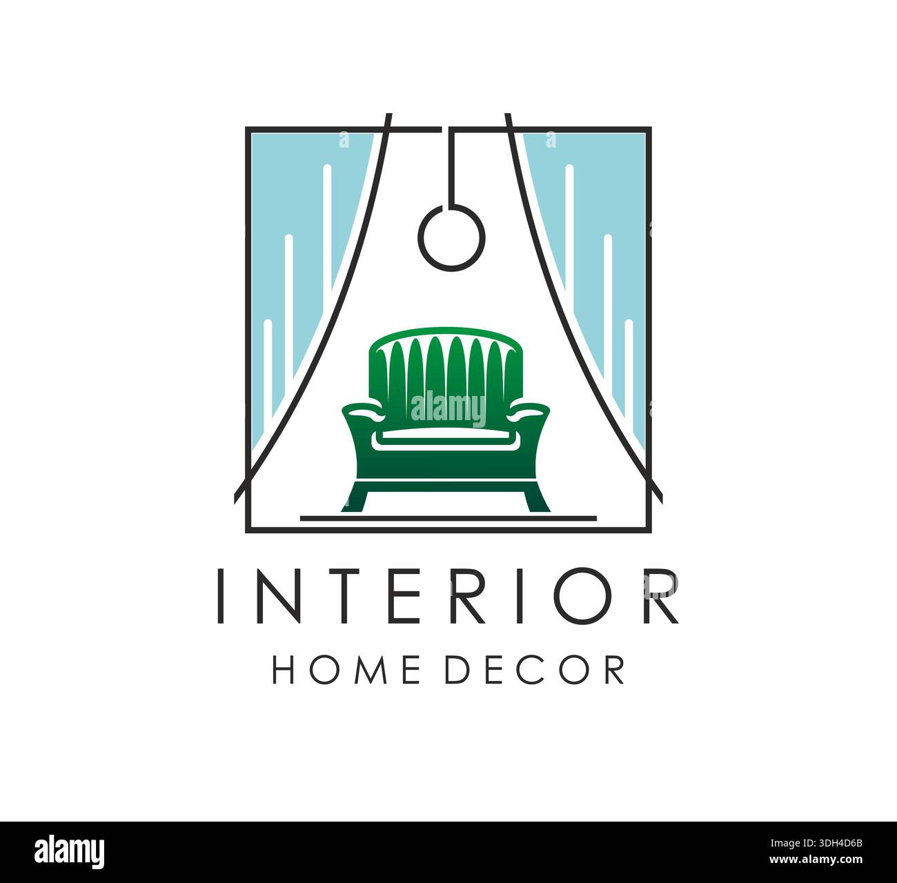 Icône de magasin d'intérieur, de meubles et de décoration. Emblème vectoriel de magasin de design à la maison, badge d'atelier de meubles d'appartement. Icône de magasin de décoration maison avec fauteuil vert élégant, rideaux bleus et lampe suspendue Illustration de Vecteur