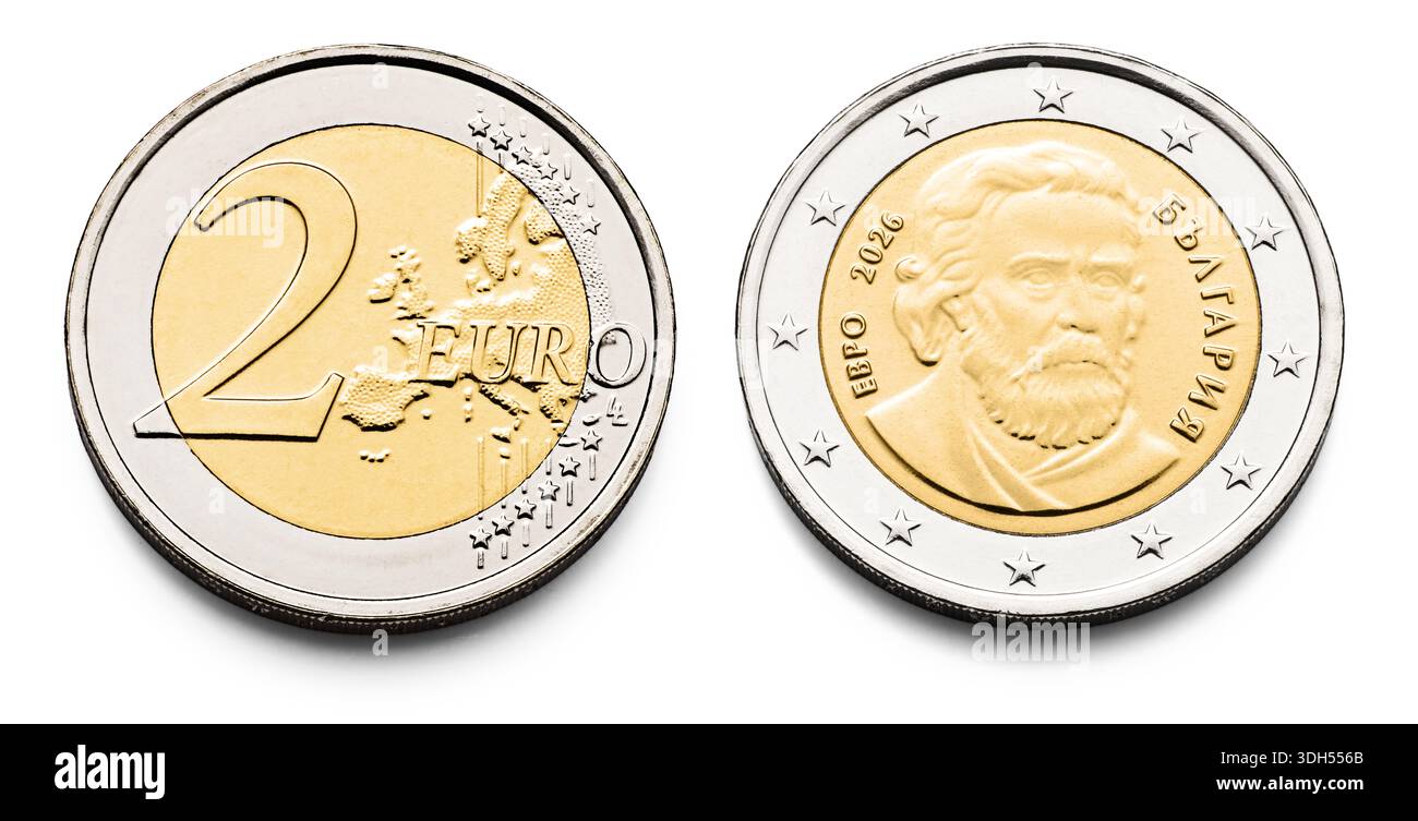 2 Euro coin, macro isolé sur blanc Banque D'Images