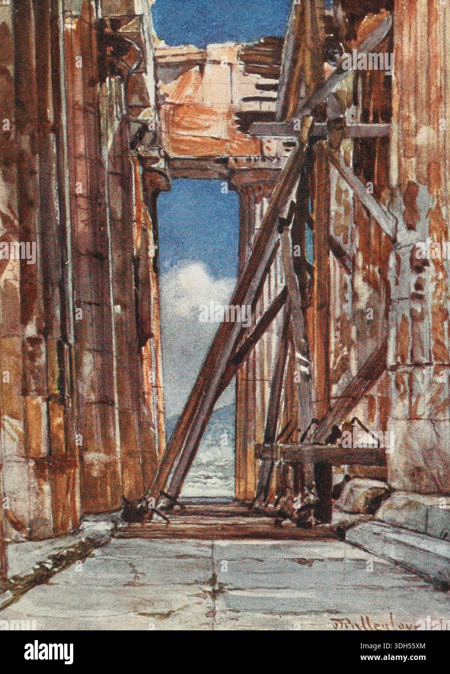 LE PORTIQUE ouest DU PARTHÉNON DEPUIS LE SUD L'échafaudage en bois, montré ici, a été érigé dans le but d'examiner l'état de l'architrave supportant la frise occidentale. Les colonnes à droite sont celles de la rangée intérieure. La merveilleuse façon dont le marbre du Parthénon prend de la couleur n’est nullement exagérée dans ce dessin. La deuxième colonne du péristyle nord (la colonne à travers laquelle passe transversalement l'une des poutres de l'échafaudage) doit être remarquée spécialement. L'heure de la journée est vers midi. Peint par John Fulleylove, R.I. publié en 1906 Banque D'Images