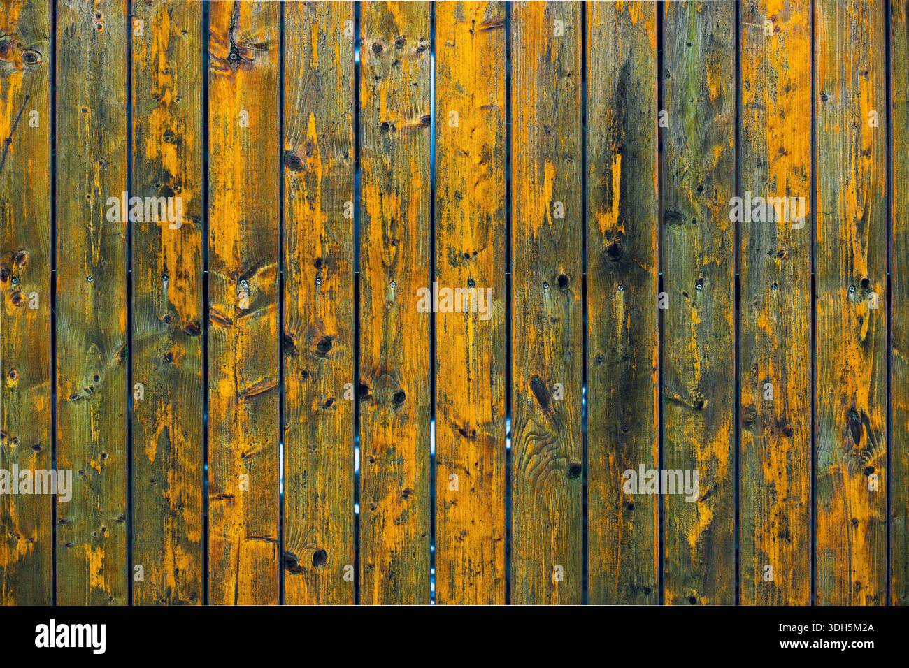 Clôture en bois vieilli avec planches verticales et peinture vieillie Banque D'Images