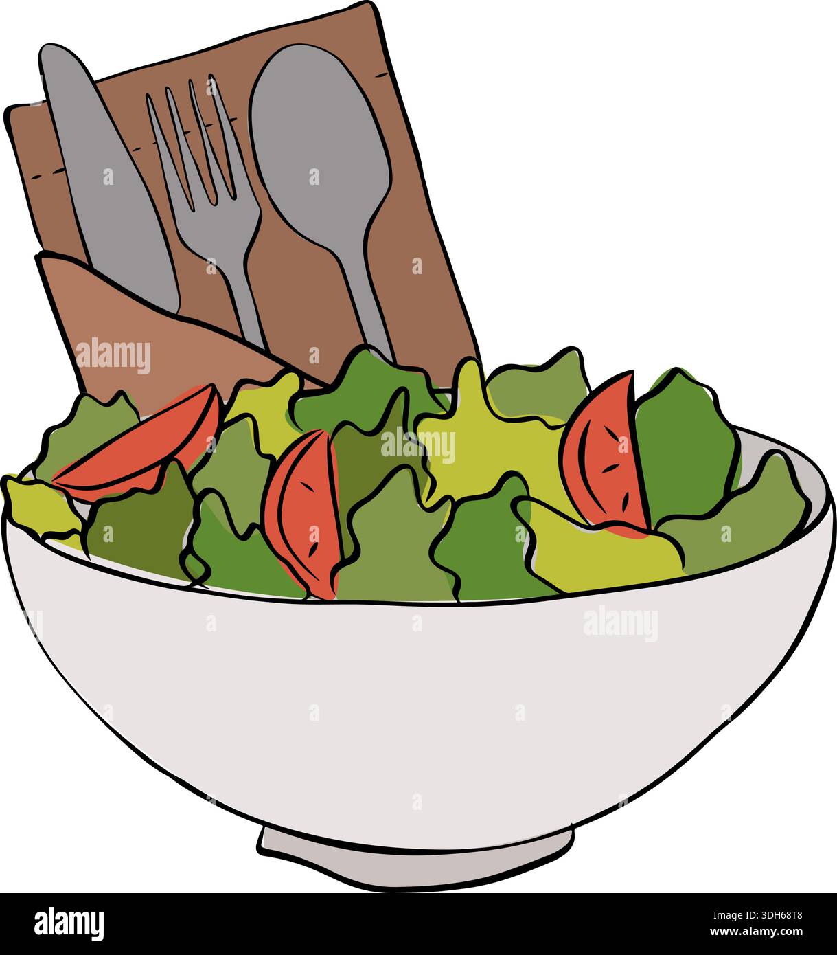 Nourriture saine. Illustration vectorielle plate de légumes à salade avec fourchette et couteau composition Cafe illustration dessinée à la main. Couleur d'encre de ligne graphique vectorielle Illustration de Vecteur