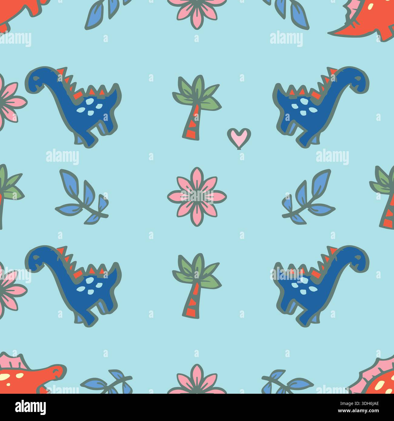 Modèle sans couture avec des dinosaures et des fleurs mignons. Illustration vectorielle. Illustration de Vecteur
