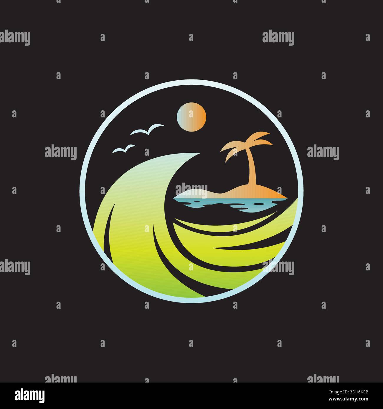 Coucher de soleil et palmier sur fond noir. Annonces estivales pour t-shirt, bannières et cartes. VECTEUR Illustration de Vecteur