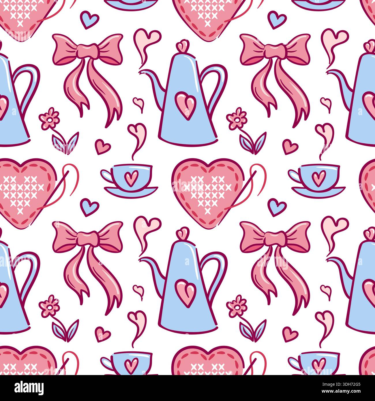 Motif de thé avec des coeurs et des rubans, tasses et théières délicates en porcelaine, motifs floraux et tons pastel, ambiance vintage confortable pour les invitations à la douche Illustration de Vecteur