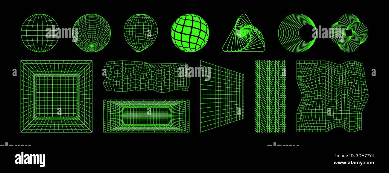 Ensemble de différentes trames filaires laser vertes isolées sur fond noir. Grilles futuristick néon, cyberpunk ou techno. Sphère, spirographe et salle Illustration de Vecteur