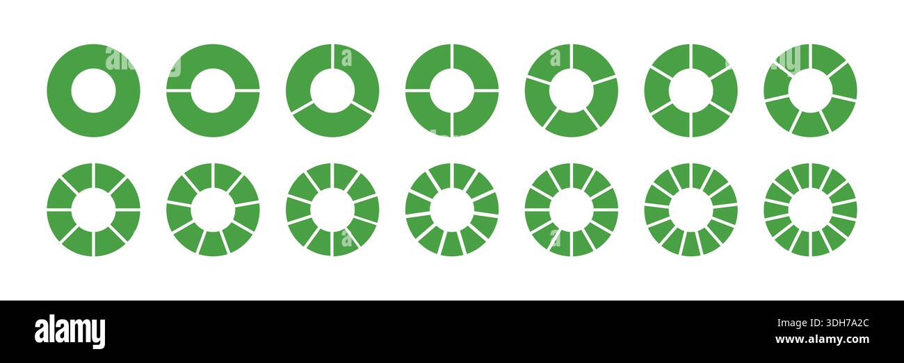 Division circulaire sur 2, 3, 4, 5, 6, 7, 8, 9, 10, 11,12, 13, 14 parties vertes égales. Rond de roue divisé les diagrammes verts avec deux, trois, quatre, cinq, six Illustration de Vecteur
