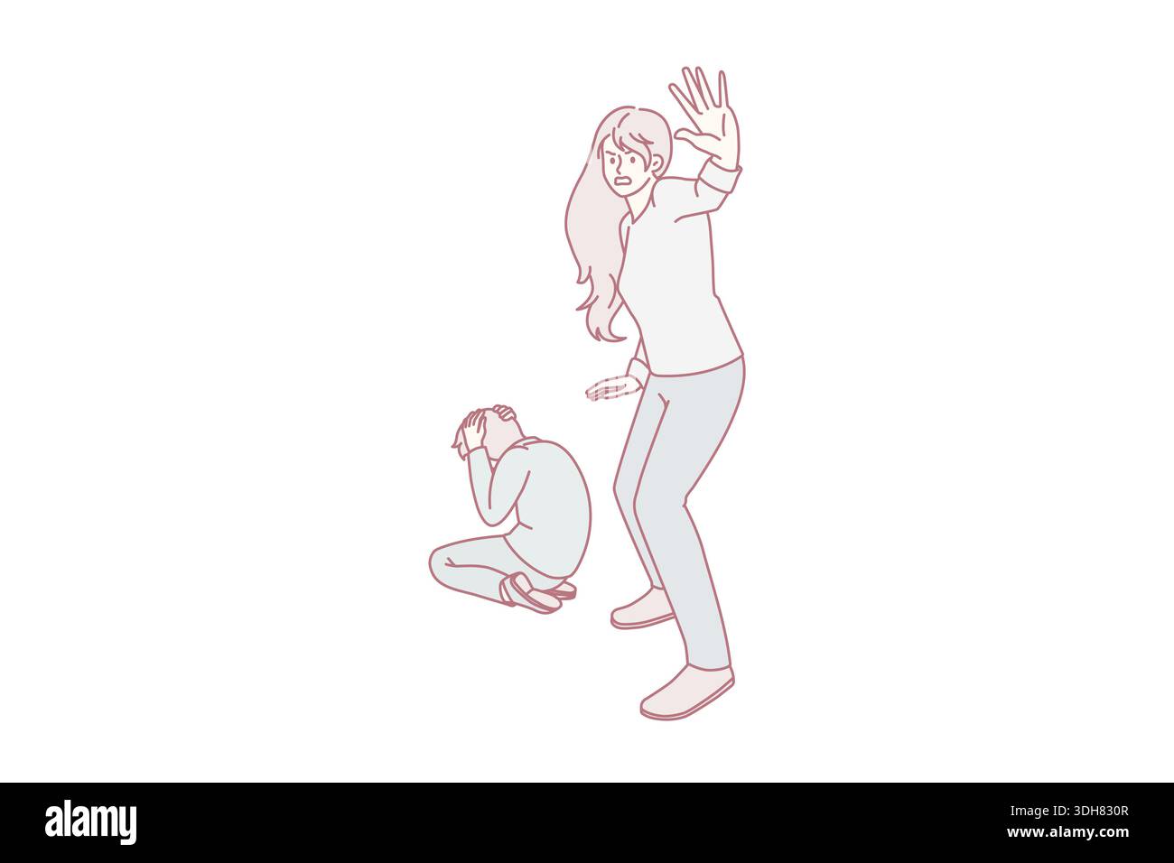 Abus à domicile et harcèlement.Femme terrifiée peur stressée mère debout et de demander arrêter la violence avec assis et couvrant oreilles enfant sur l'illustration vecteur de plancher Illustration de Vecteur
