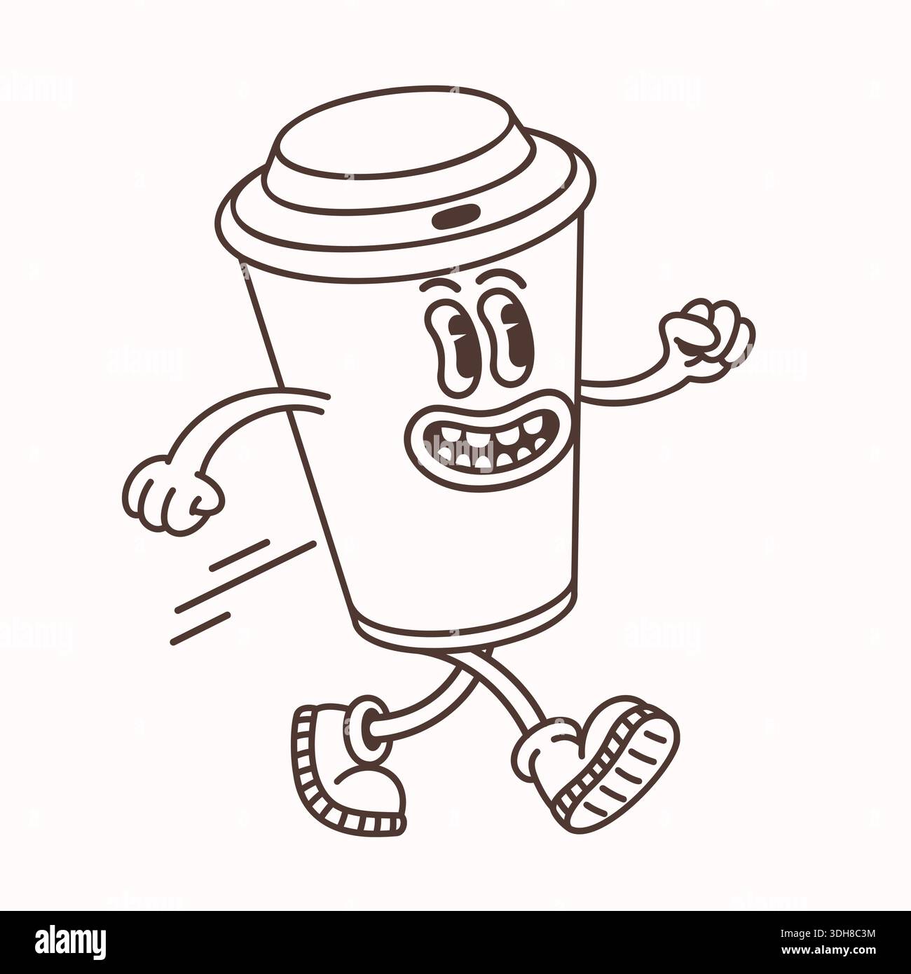 Line Coffee Cup personnage dans un style de dessin animé groovy simple marchant avec des lignes de vitesse. Illustration vectorielle de tasse à café pour autocollants, pages de coloriage, nourriture Illustration de Vecteur