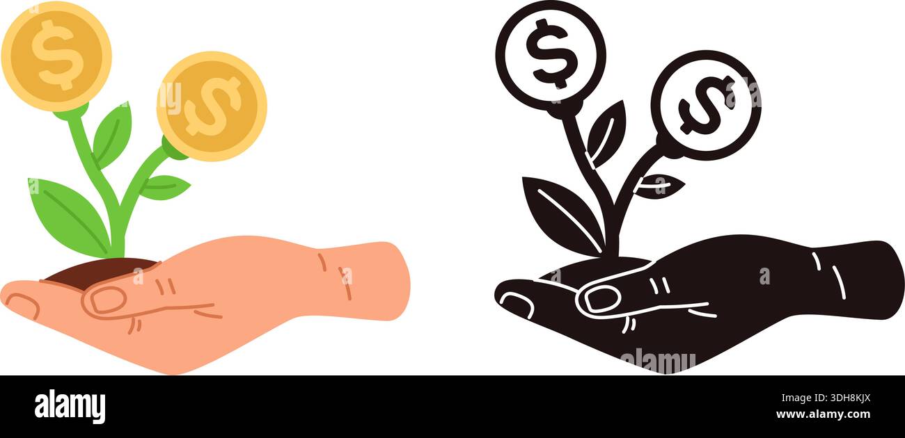 Icône de la main tenant l'arbre de l'argent germe avec des pièces d'or. Symboles de silhouette en couleur ou en noir. Succès de l'investissement. Bénéfice financier. Plante cultivée avec CA Illustration de Vecteur
